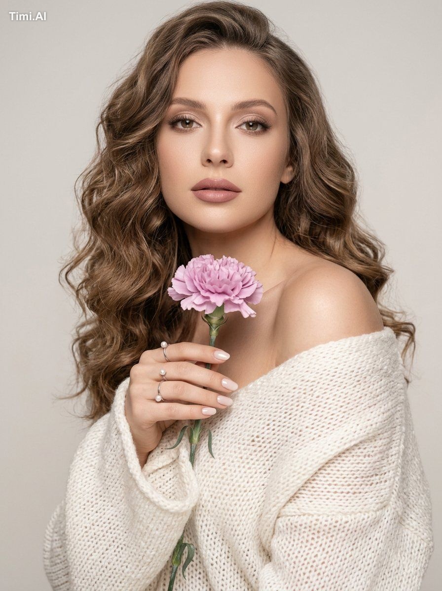 The woman holds a delicate lilac flower, her body slightly turned to th…