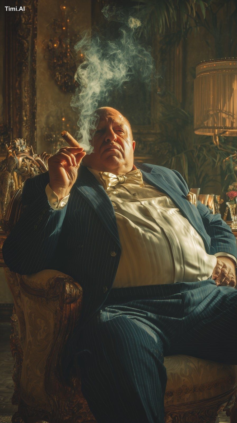 an old 65-year-old mafia boss, obese, sitting in a chair, smoking a cig…