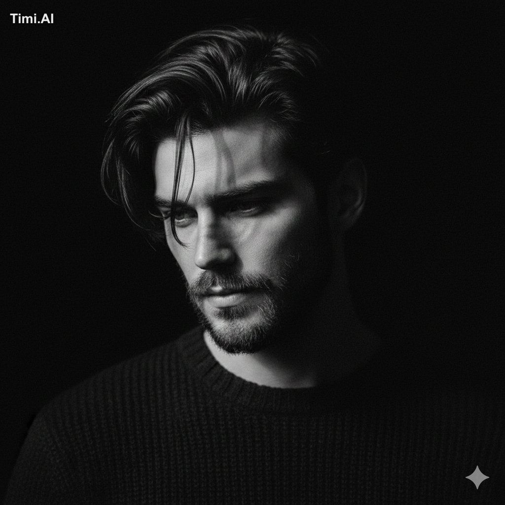 A cinematic black-and-white fine art portrait of a handsome young man w…