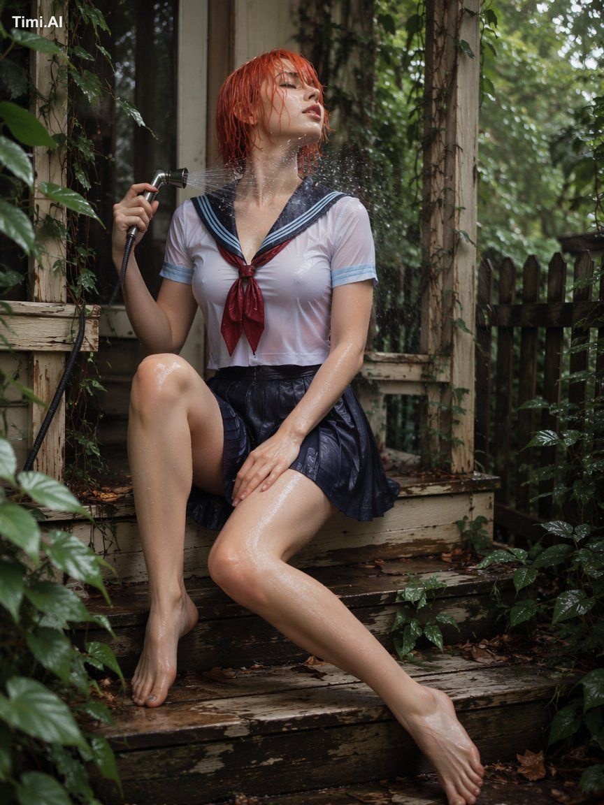 写实竖幅户外Cosplay时尚写真人像，郁郁葱葱的雨浸花园场景。成年女性，21岁以上，坐于旧小屋或温室外风化木质门廊台阶上，被茂密湿润的绿植环…