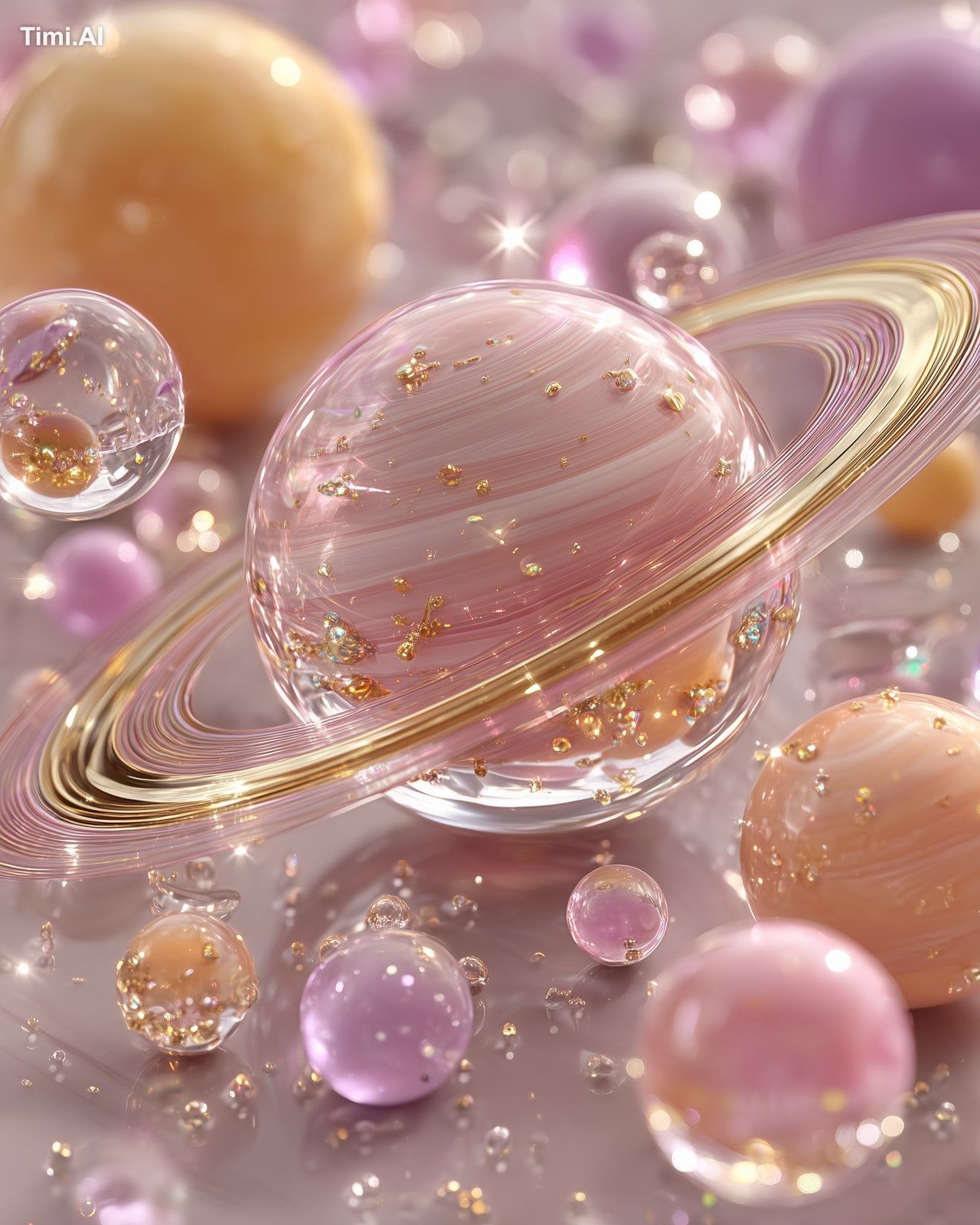Holographic glass planets and moons floating in space, iridescent color…