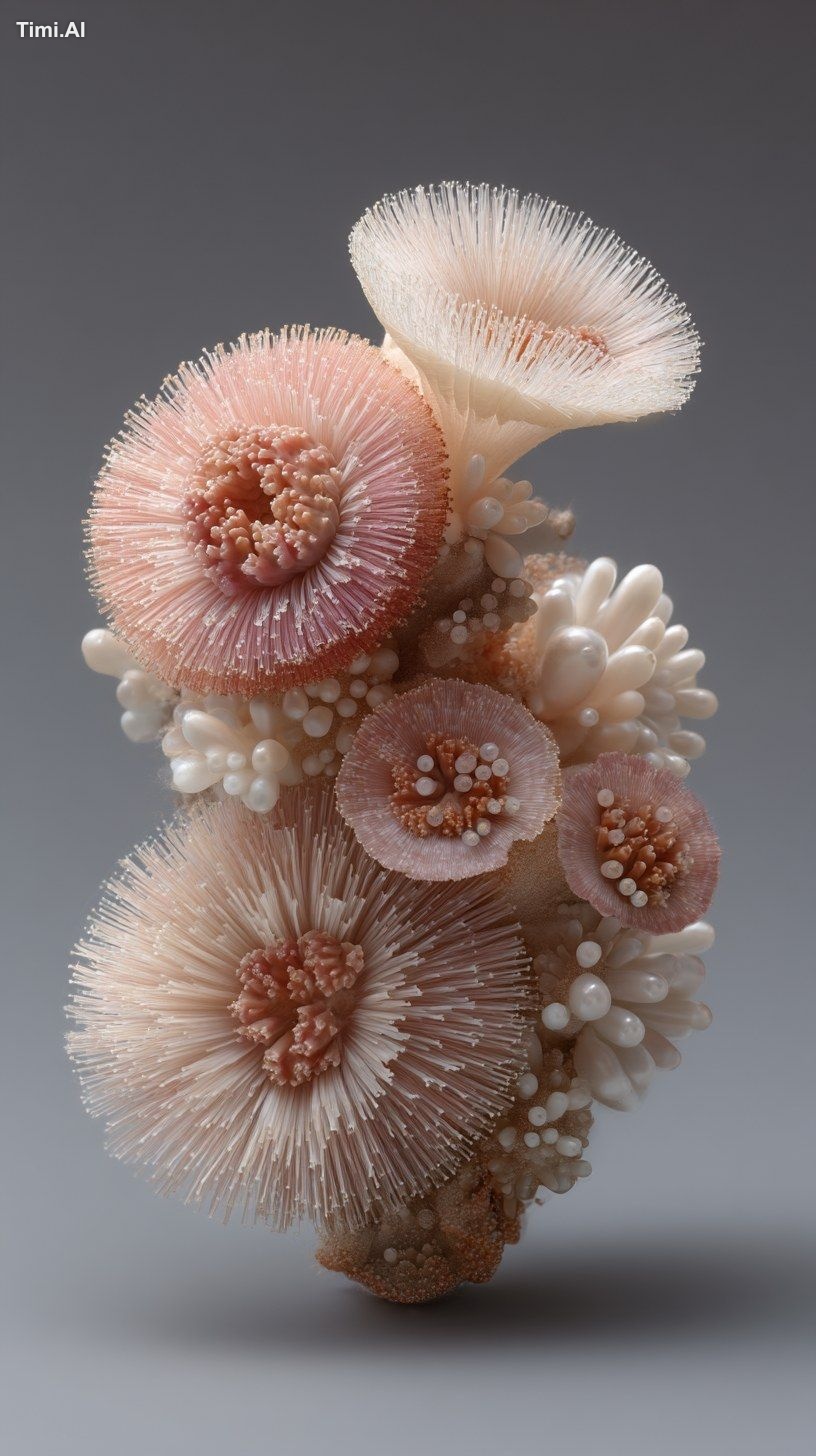 Photograph of a coral-like object made from polyps, mushrooms, and pear…