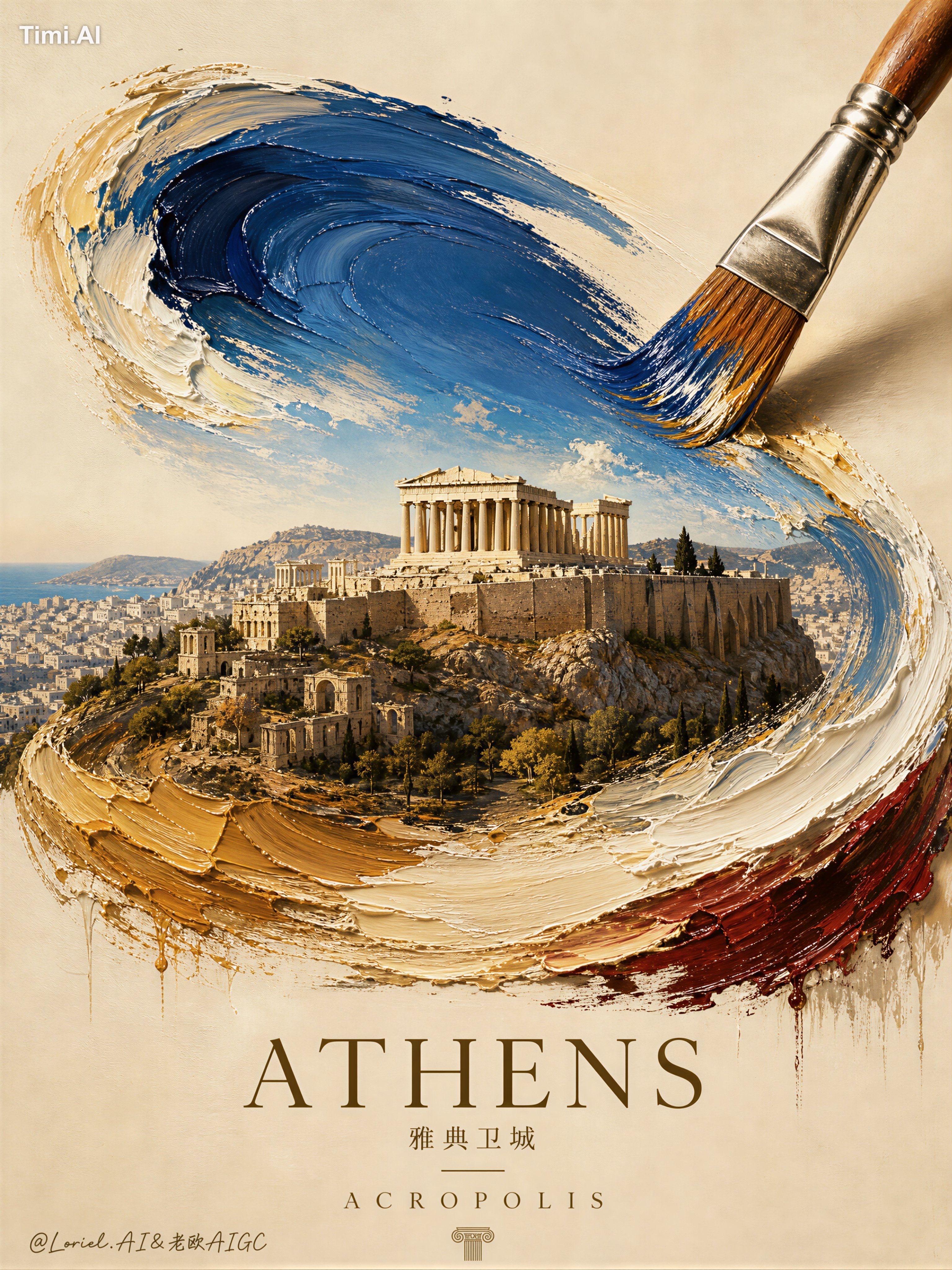 cheap tourism brochure, cartoon ruins, generic Greek temple, messy spla…