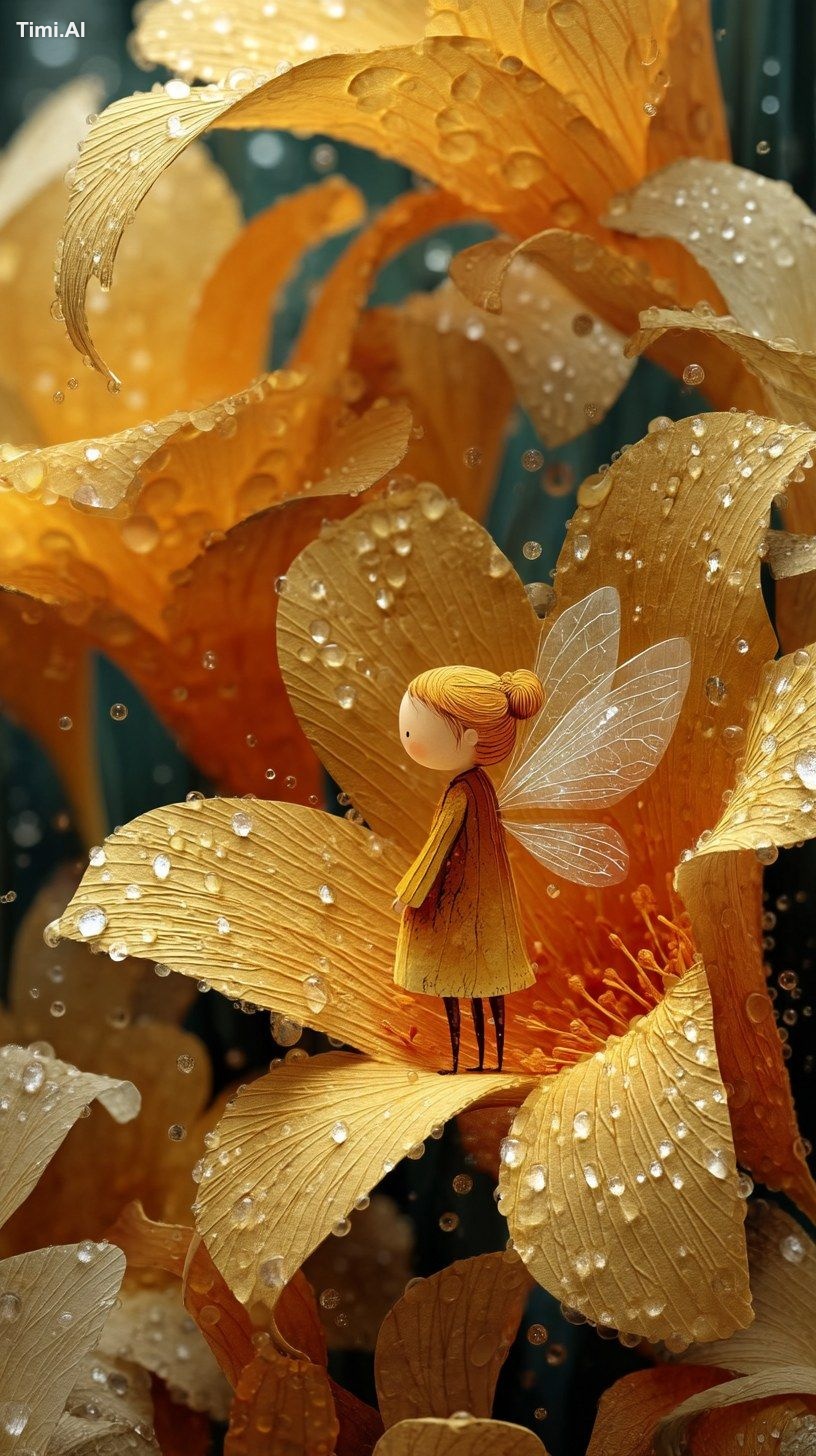 A tiny golden fairy with translucent wings resting inside a vibrant yel…