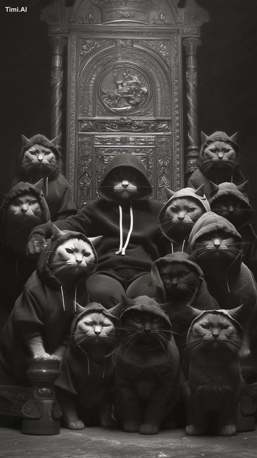 Create a grainy disposable camera photo of a group of very angry cats w…