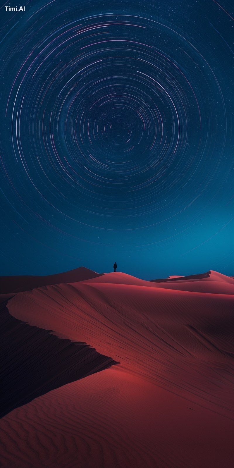realistic photography of a circular star trail in the sky behind a sand…