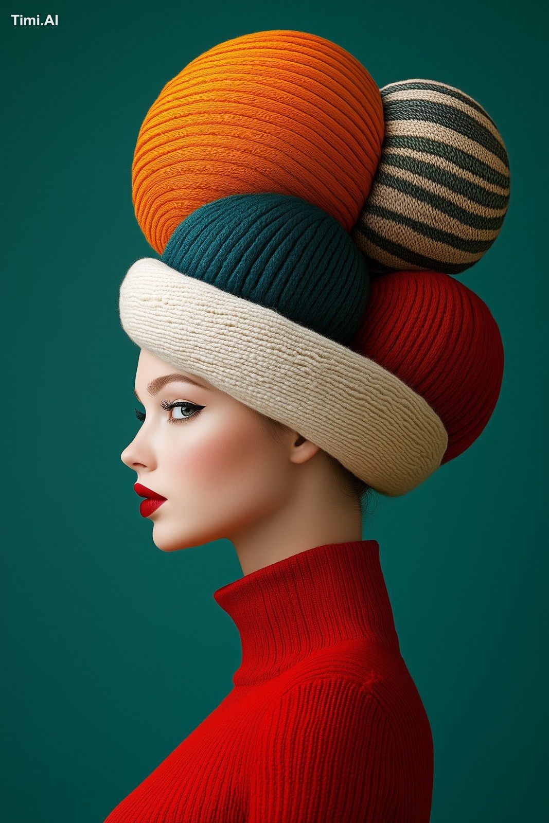 A woman with a giant, colorful pompadour which resembles the onion dome…