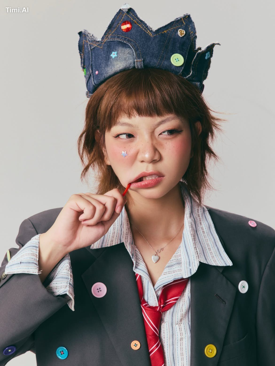 Ultra-realistic editorial fashion portrait of a playful young woman wit… 2