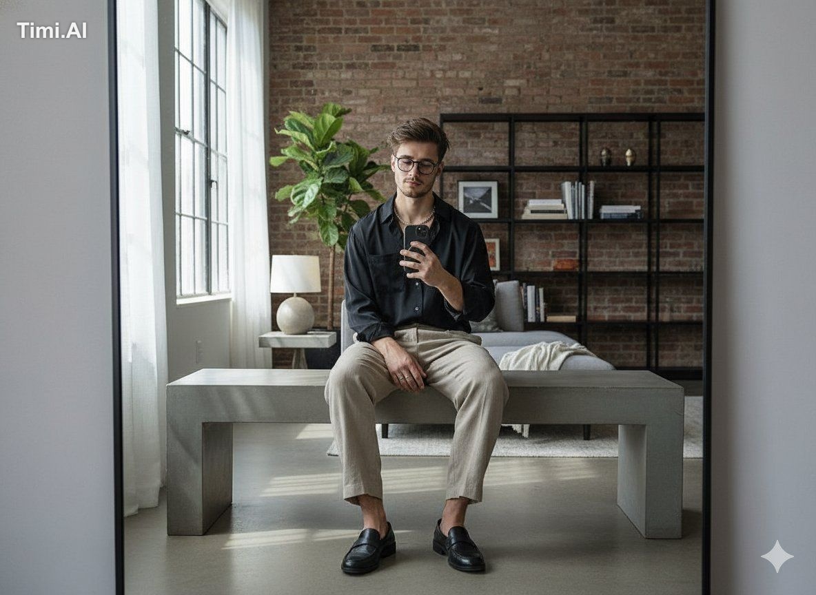 Hyper-realistic cinematic mirror selfie of a man sitting casually on a …