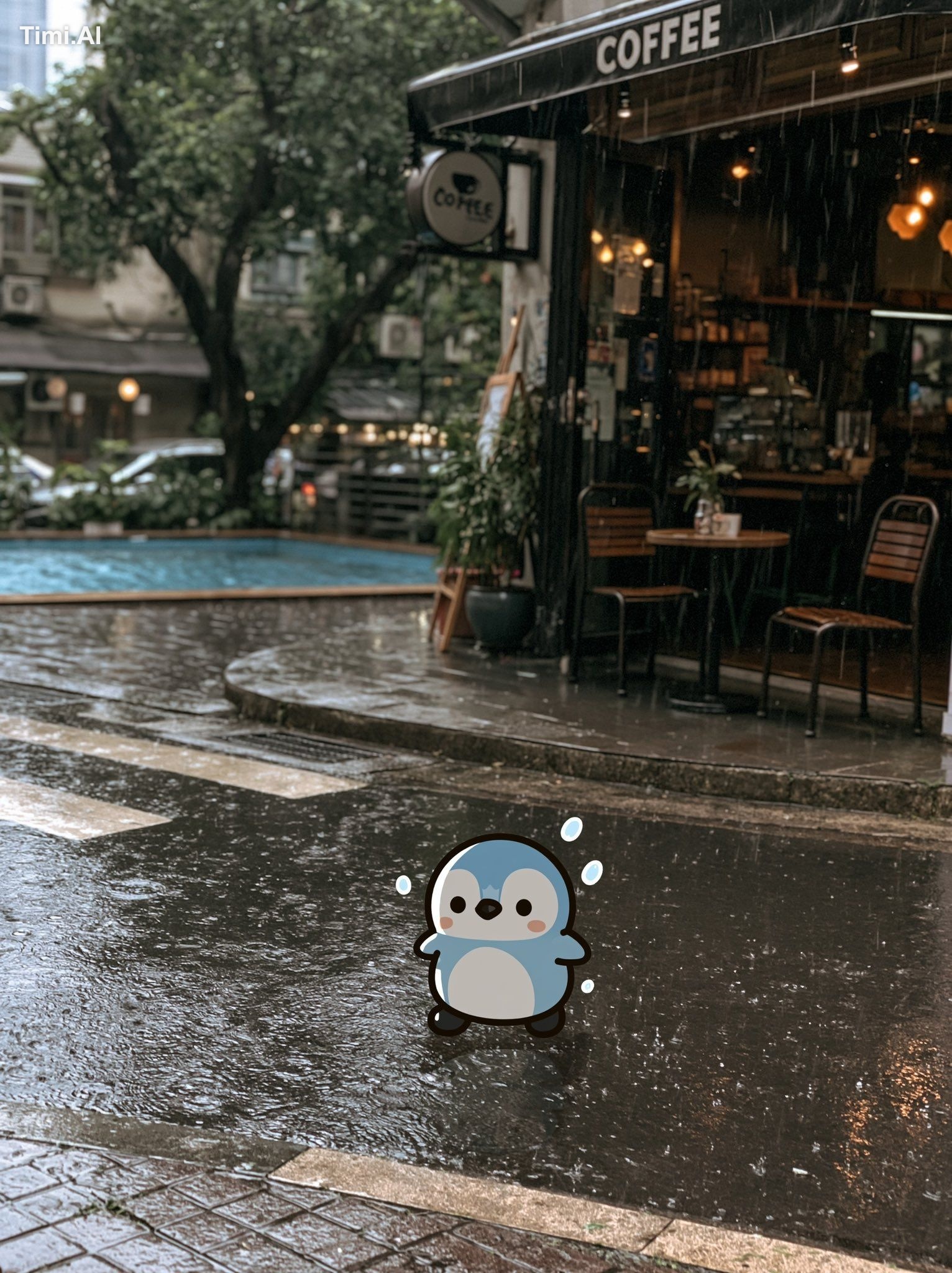 a 2D cartoon-style sticker cute capibara is lying beside a realistic ci… 1