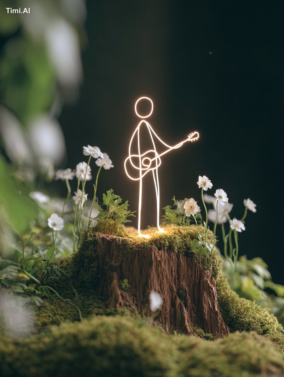 A boy is playing gitar standing on a moss-covered tree stump . The back…