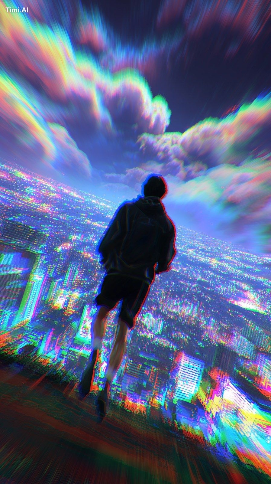 A man running through surreal, neon-colored clouds, camera positioned b…