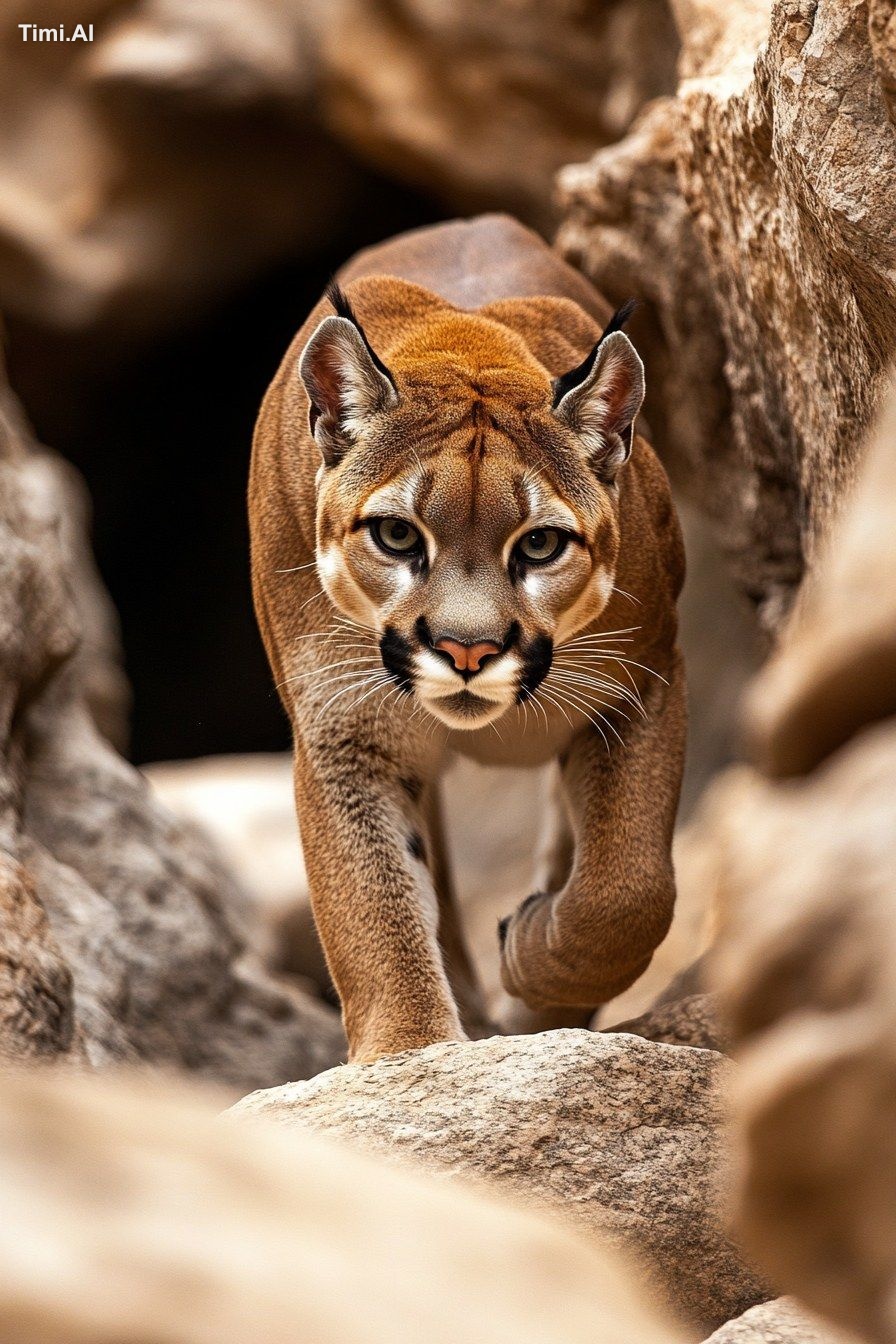 A regal cougar prowling through a rocky canyon, with a sleek coat and f…