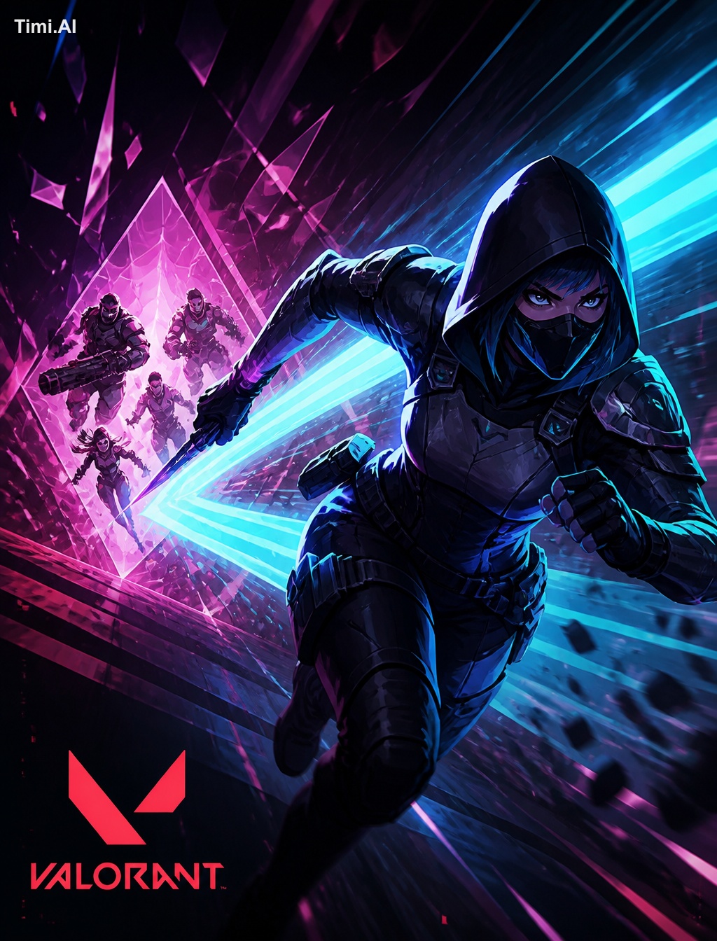 A stylized, dynamic action illustration features a female agent sprinti…