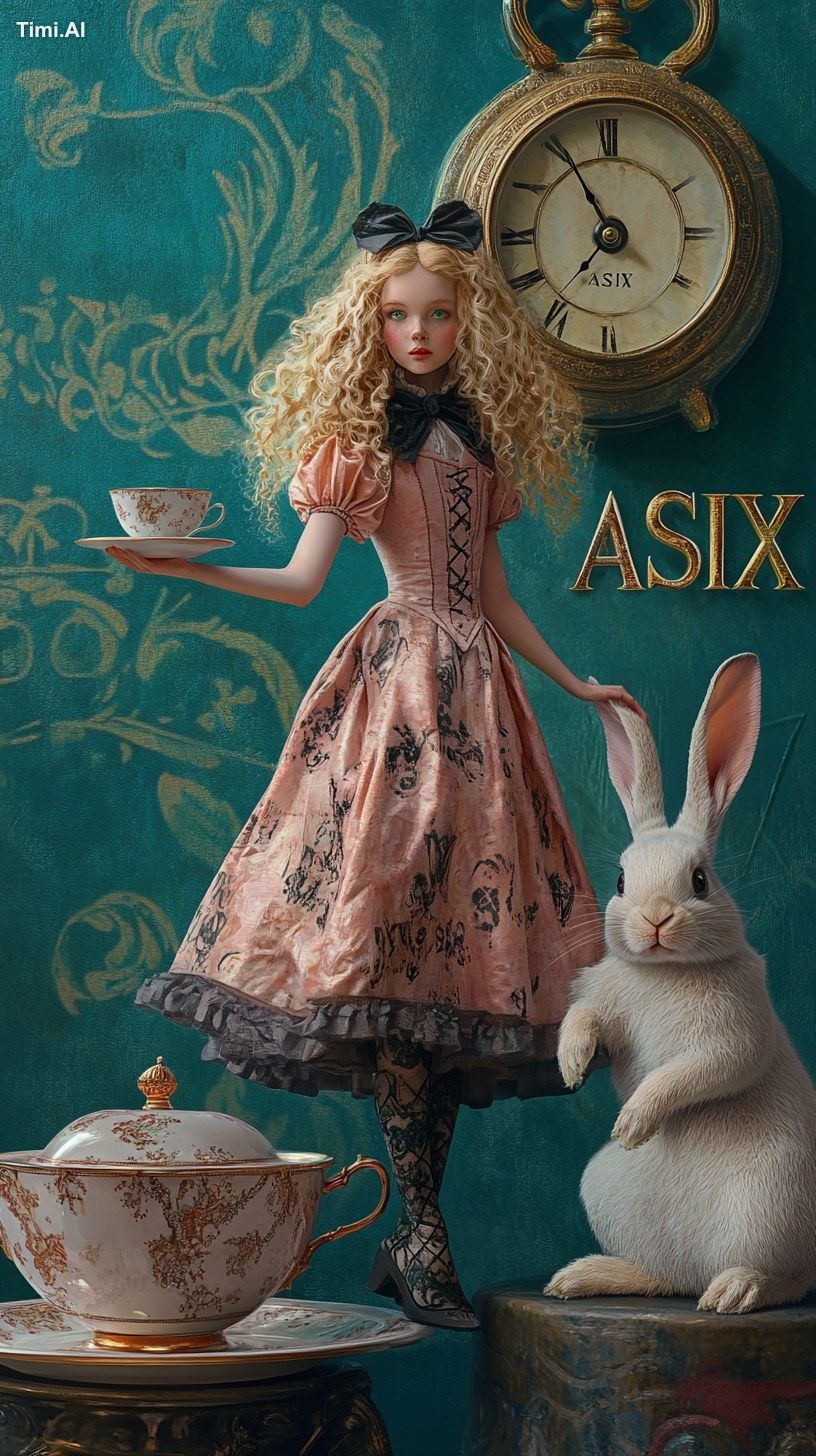 Photorealistic. Alice in Wonderland stands on a saucer next to a huge t…