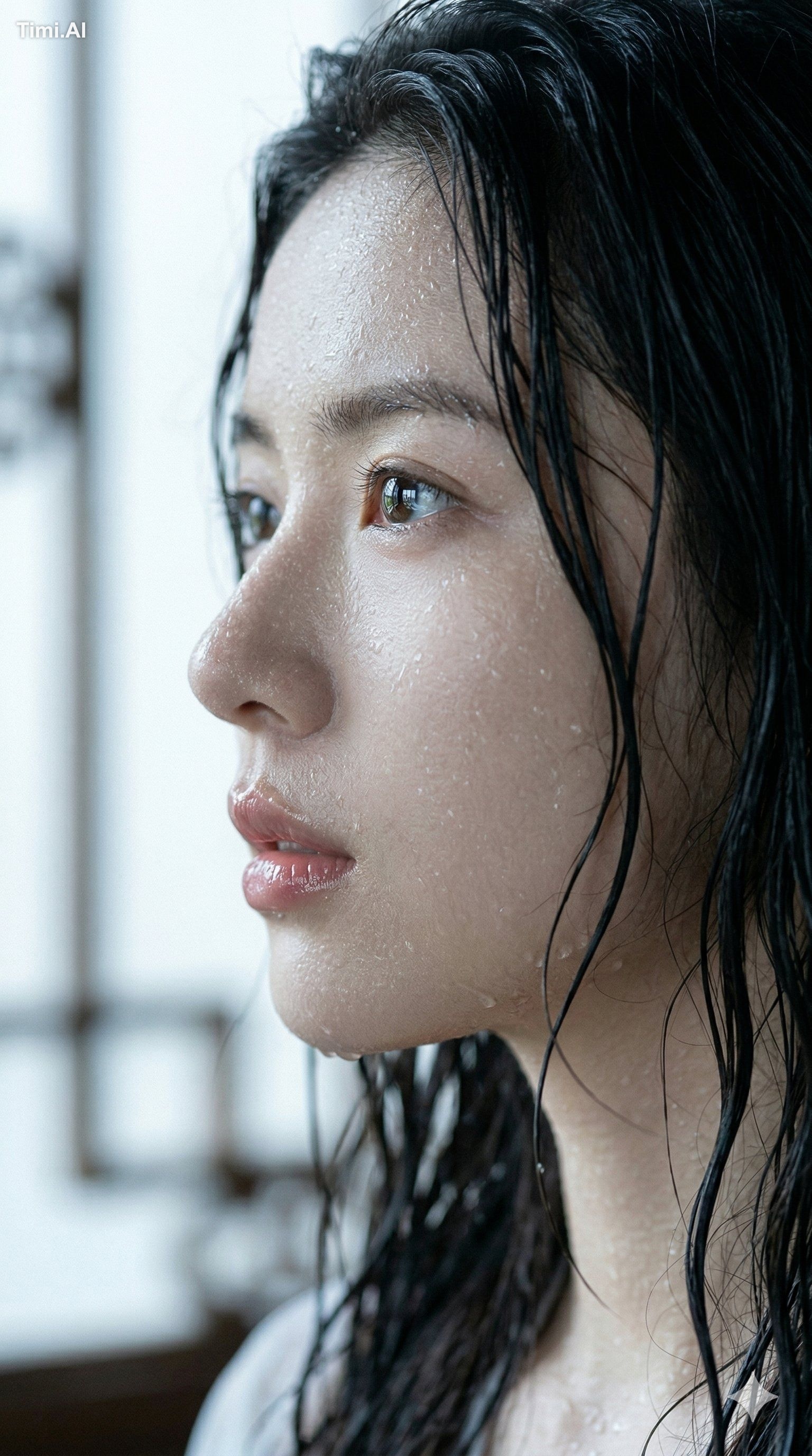 使用人物的面部特征不发生任何变化。“极致湿身特写肖像，年轻女子侧脸。深色湿发自然地贴在皮肤上。细小的水珠和汗珠在脸上闪闪发光，逼真自然。聚焦于… 1