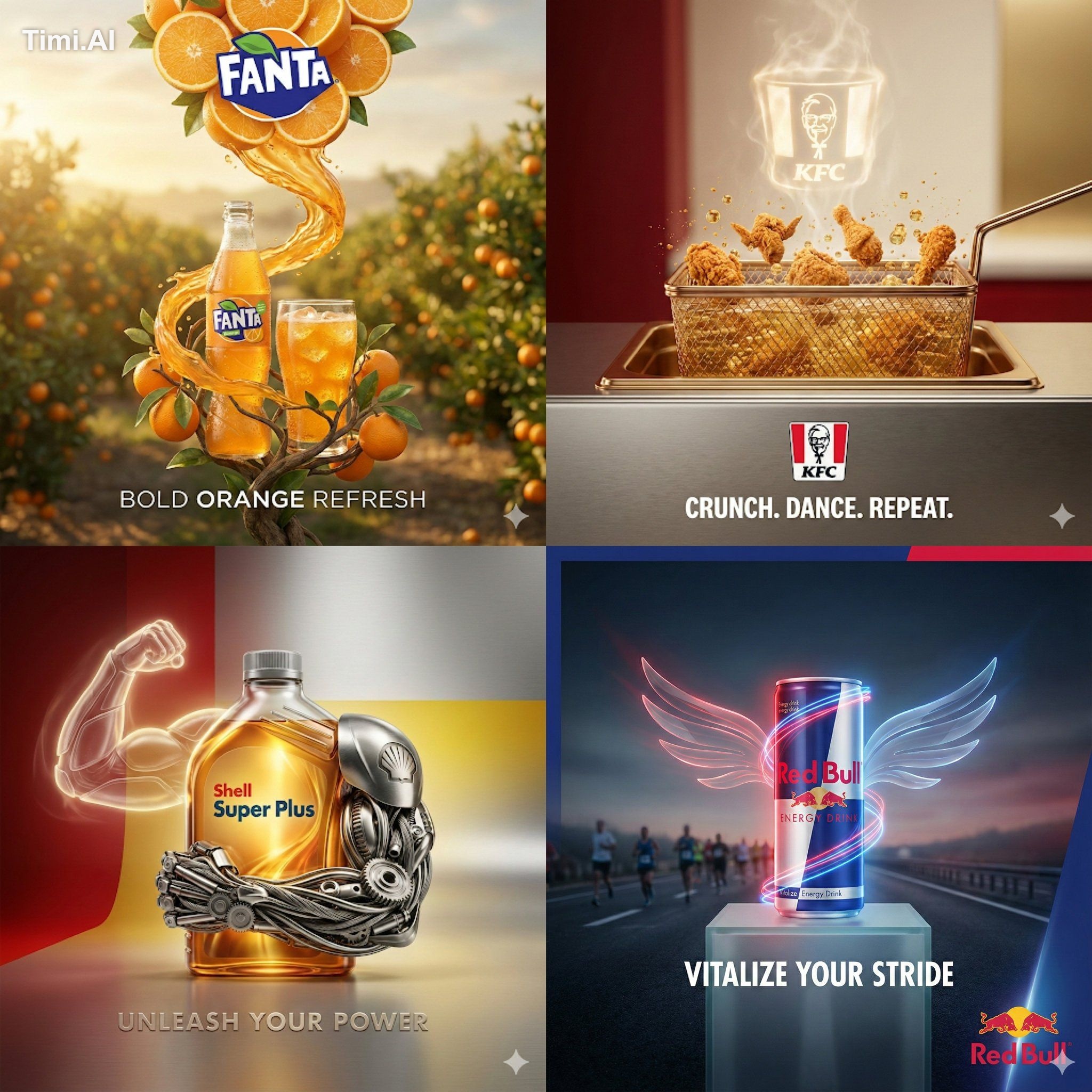 Create a square 2x2 premium advertising concept board with four distinc…