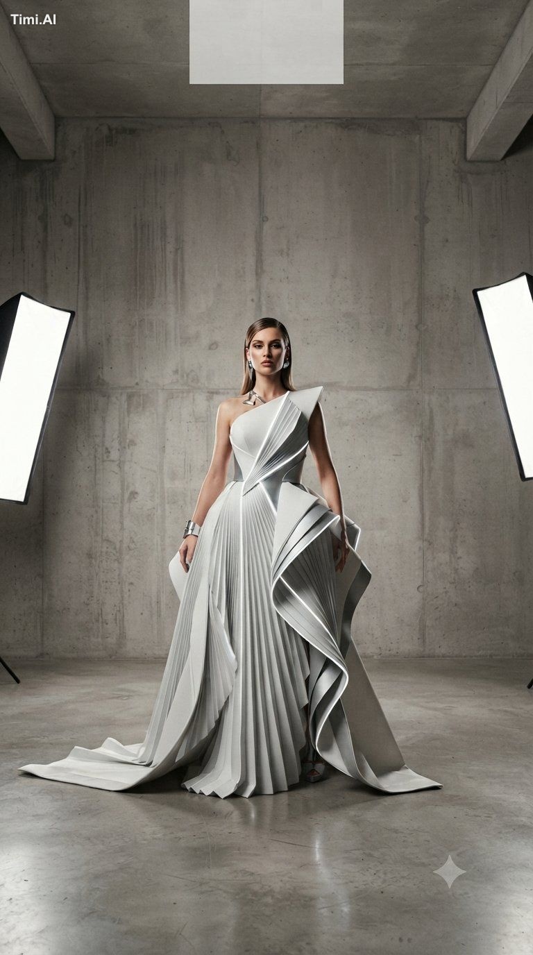 A professional studio fashion editorial featuring a model posing in a h… 1