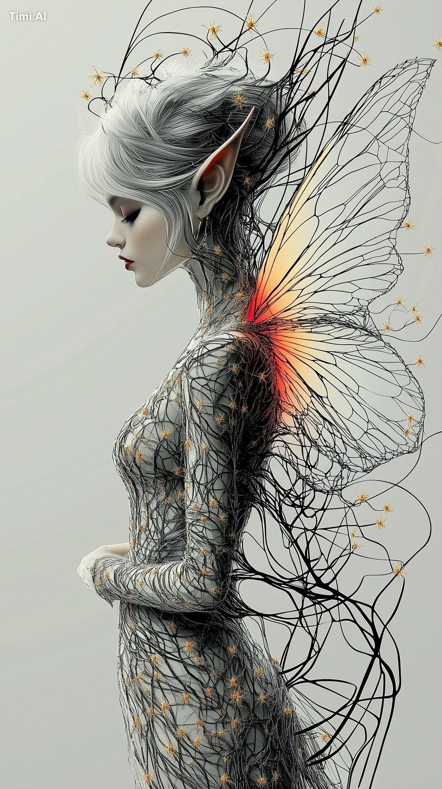 2D rendering of a beautiful faerie with pointed ears and red semi-trans…