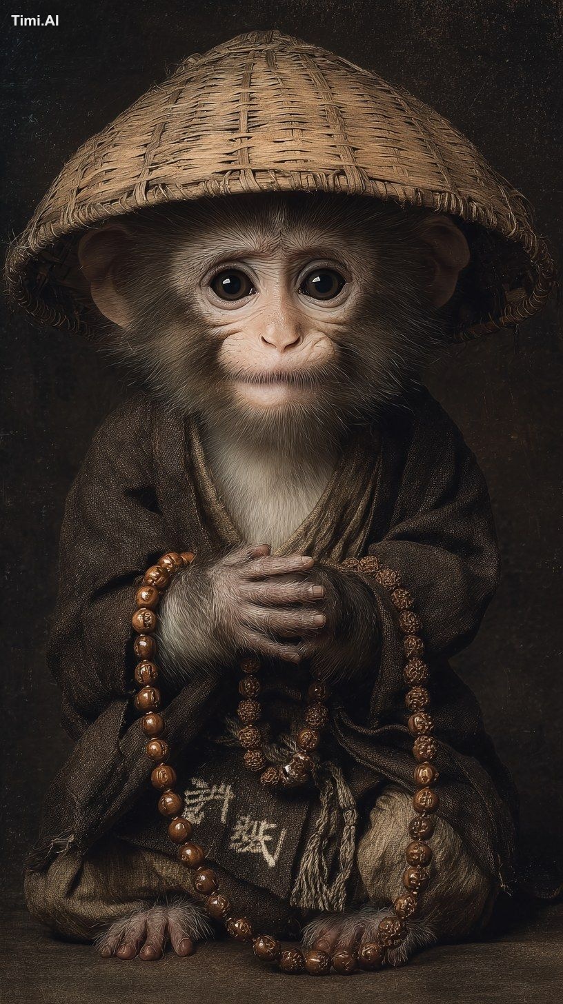 Fine brushwork,little monkey, front view, wearing a bamboo hat, full bo…