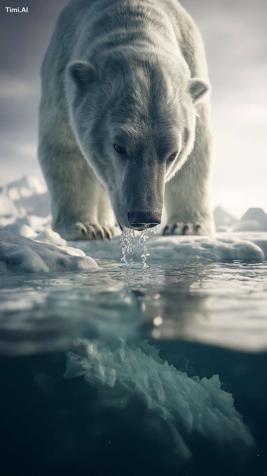 Extreme low angle shot from frog's perspective, a massive bear standing…