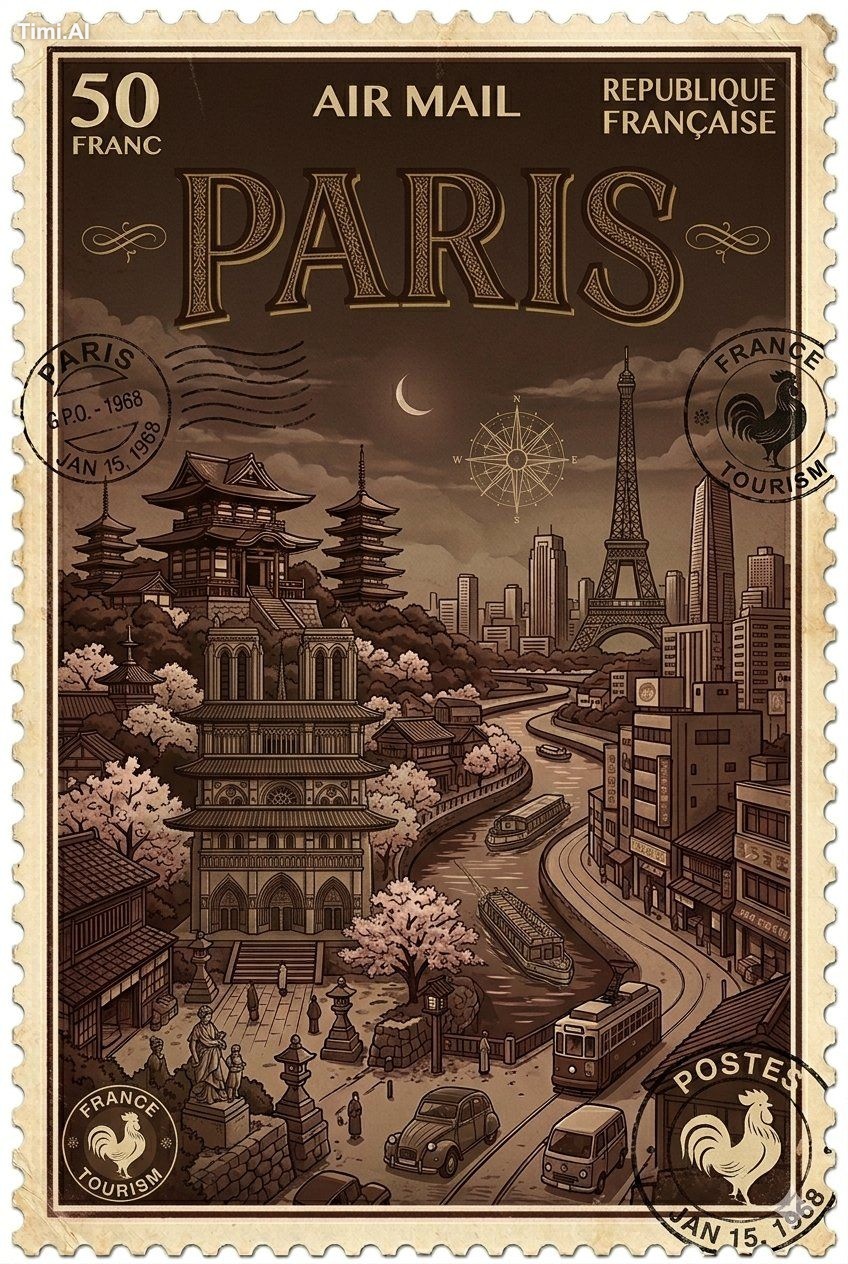Create a vintage travel postage stamp poster featuring [CITY/COUNTRY]. … 3