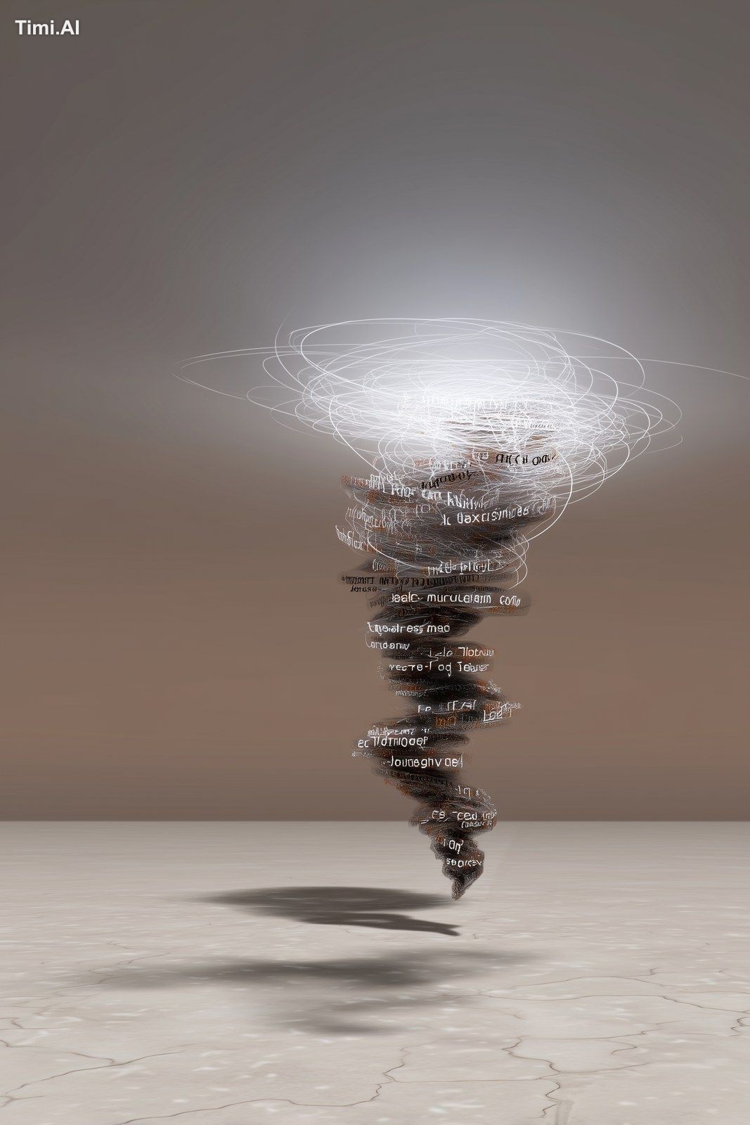 Over a salt flat, a hovering tornado pulls up lines of text etched into…