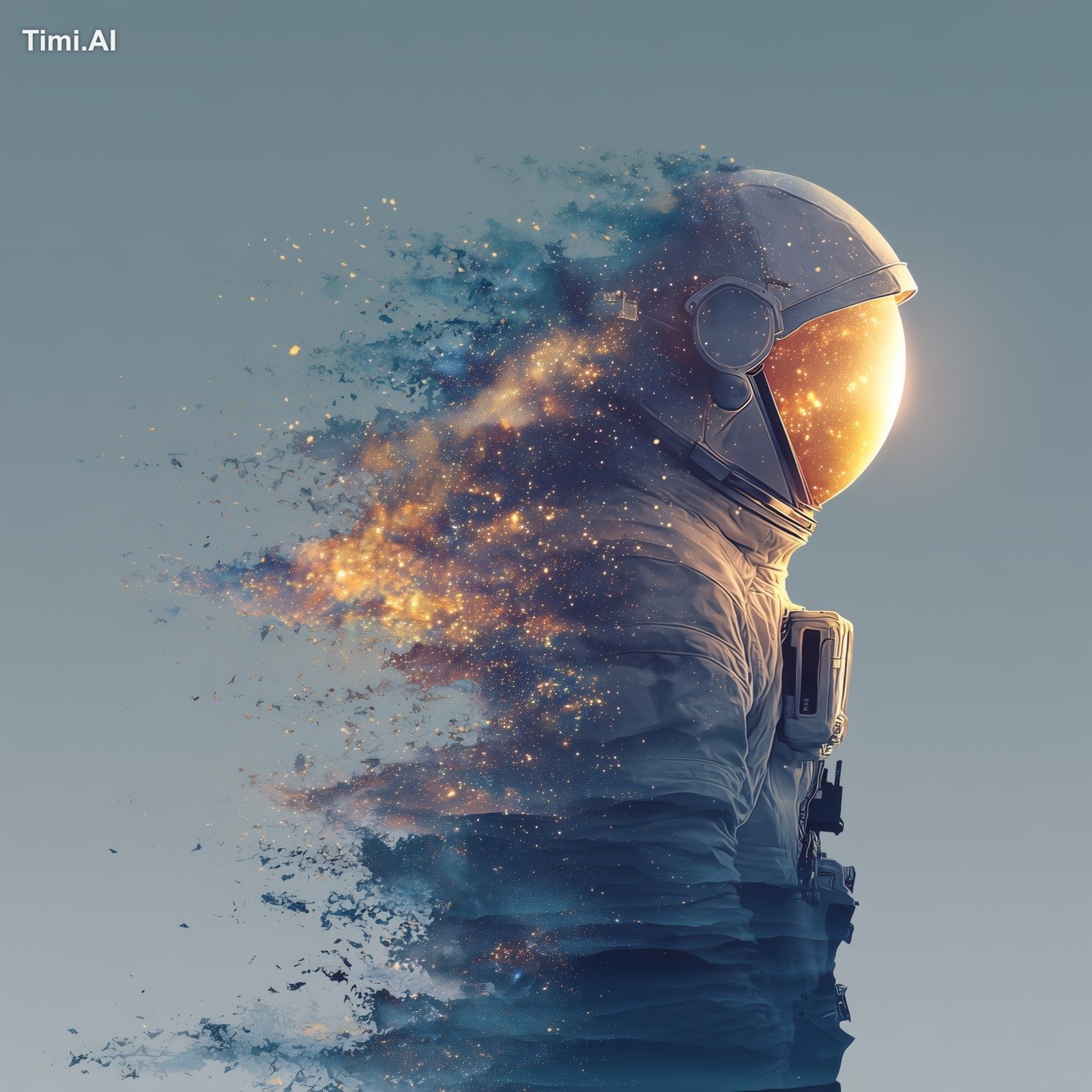 Abstract illustration of astronaut dissolving into stars and particles,…