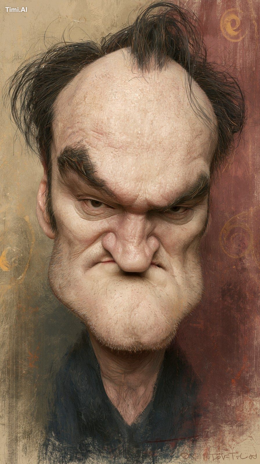 Hyperrealistic Quentin Tarantino in a caricature style, with exaggerate…
