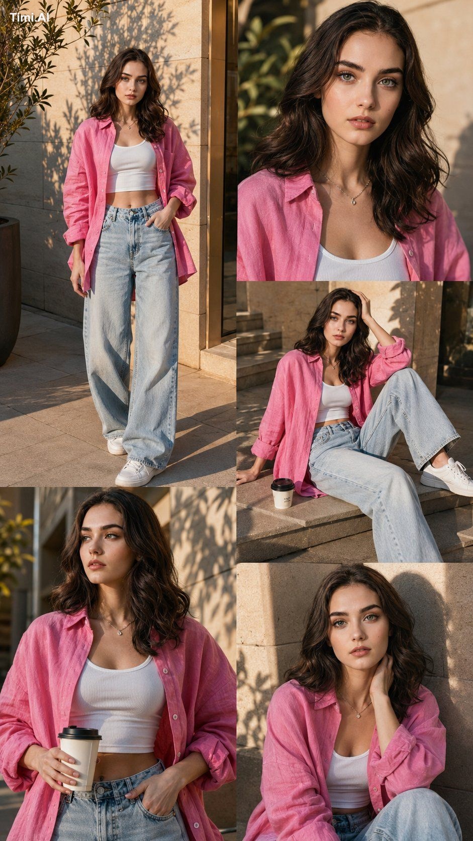 A stylish young woman posing outdoors in soft golden-hour sunlight besi…