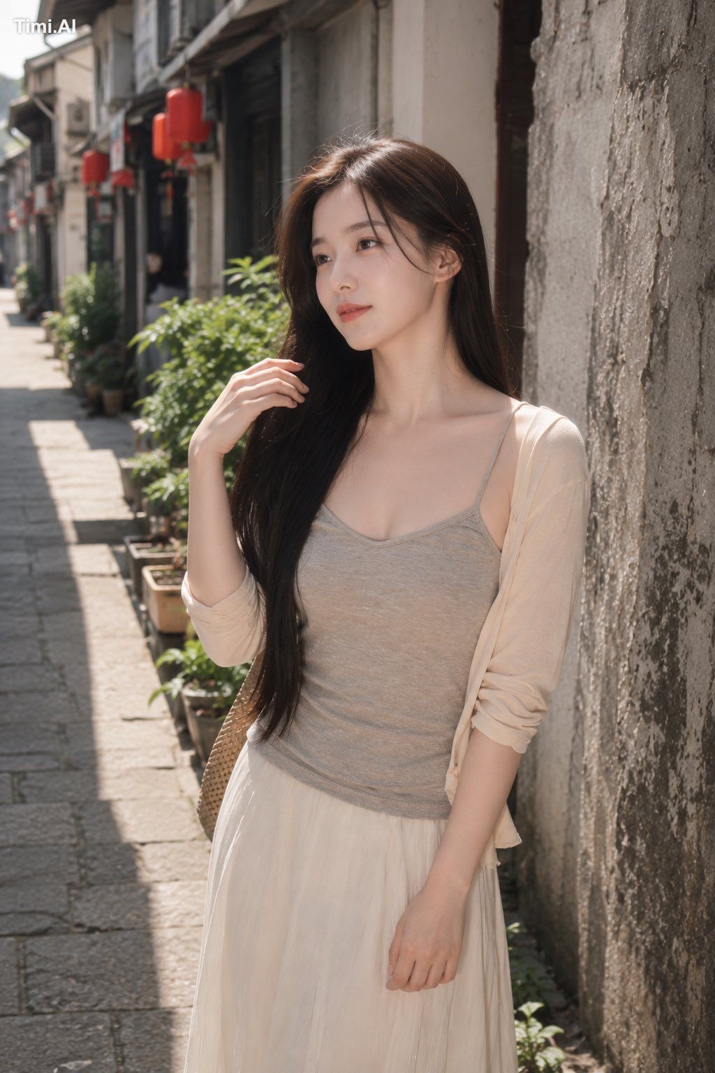 创作一幅写实的竖幅户外生活时尚肖像，描绘一位21岁以上的东亚成年女性，她站在一条静谧的老城区小巷里，身旁是一堵饱经风霜的石墙。她位于画面中心偏… 1