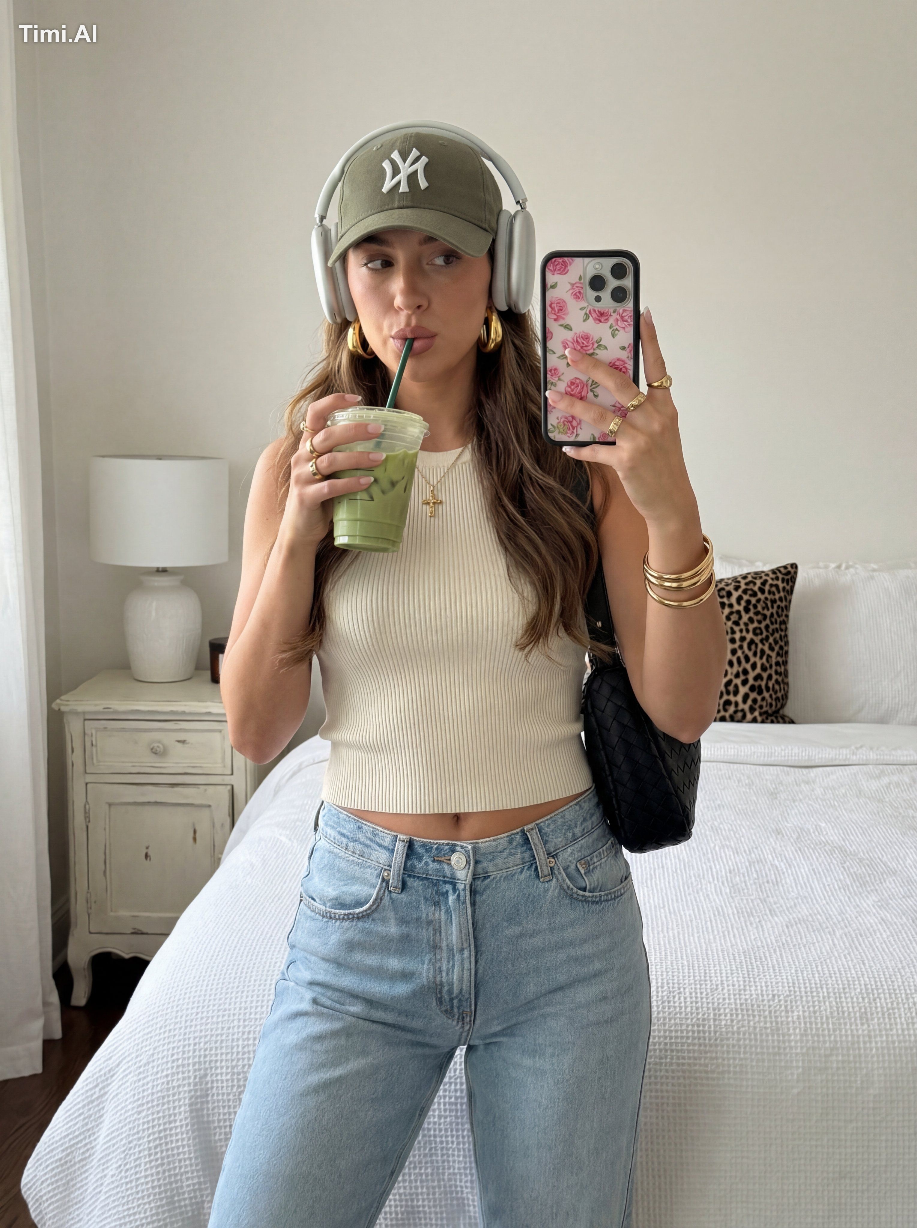 Subject & Pose: Young woman taking a mirror selfie in a bedroom, standi… 1