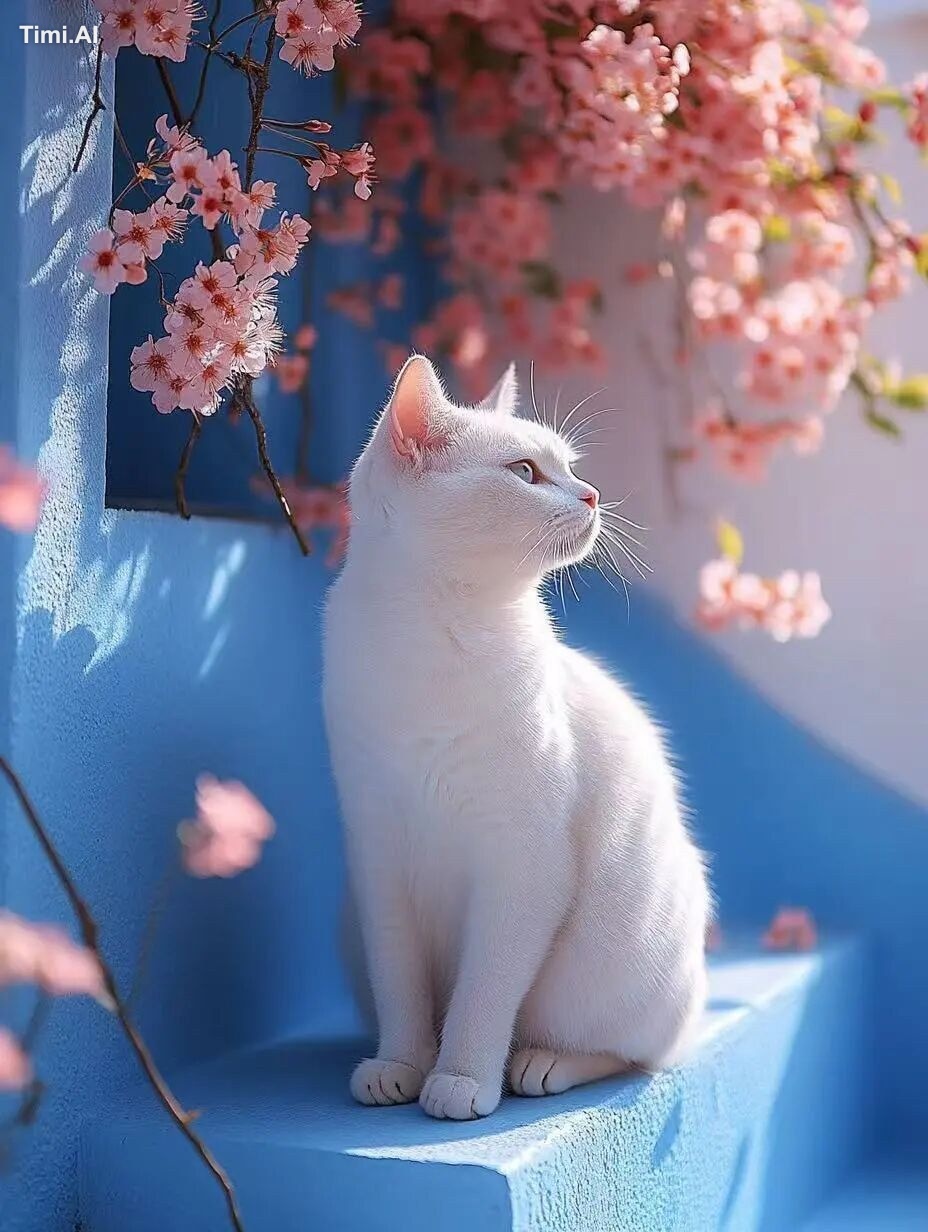 A cat sitting on the stairs, under a blooming Spiraea, blue walls, this…