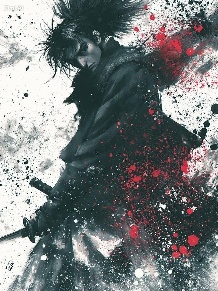 A lone samurai warrior in dynamic battle pose, messy spiky black hair p… 3