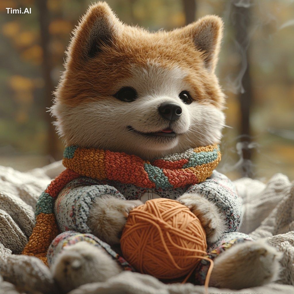 Akita Inu Wearing soft pajamas, Busy knitting a colorful scarf with a b…