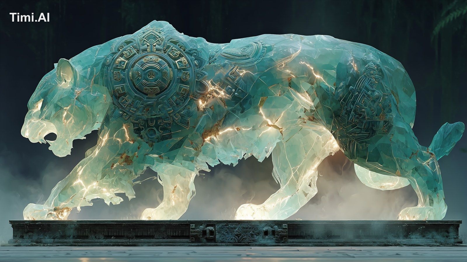 A majestic panther sculpted entirely from jade stone, with intricate Az…