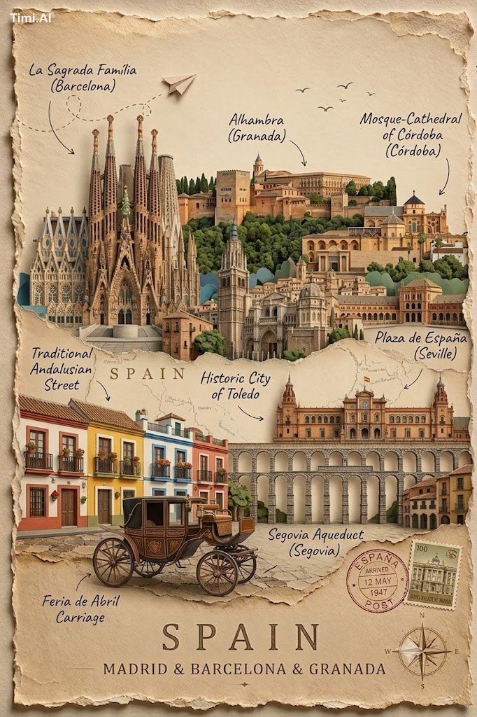 Create a vintage-inspired travel poster in a layered 3D paper-cut colla…