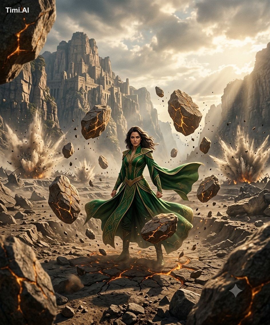 Female earth mage standing in the middle of a shattered battlefield, gi…