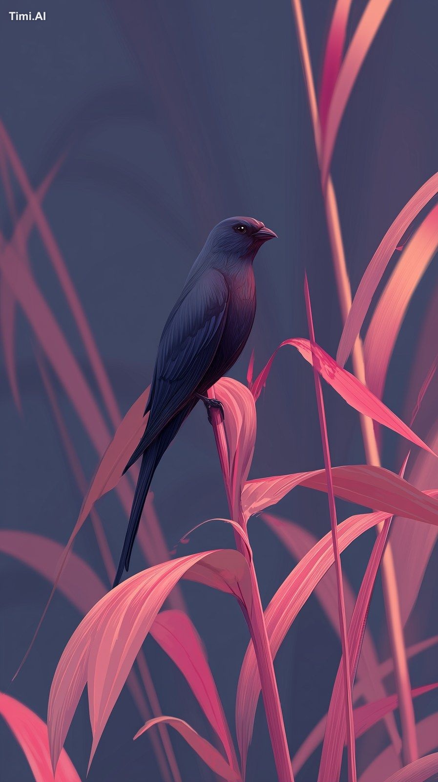 A beautifully stylized digital illustration featuring a small, sleek bi…