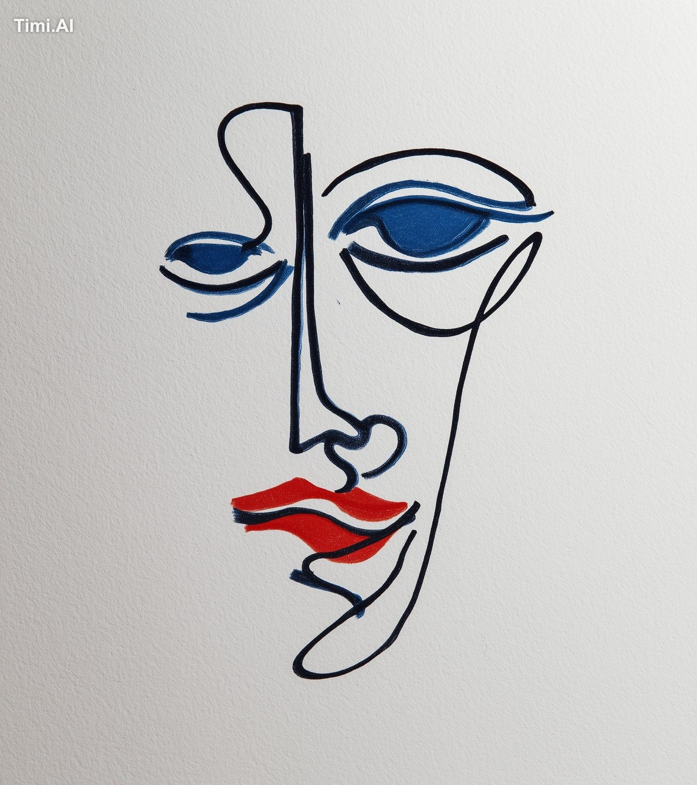 drawing of an abstract face with blue eyes and red lips, in the style o…