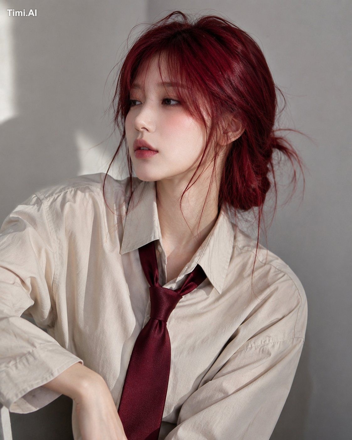 Ultra-realistic portrait of a beautiful young woman with long crimson-r… 1