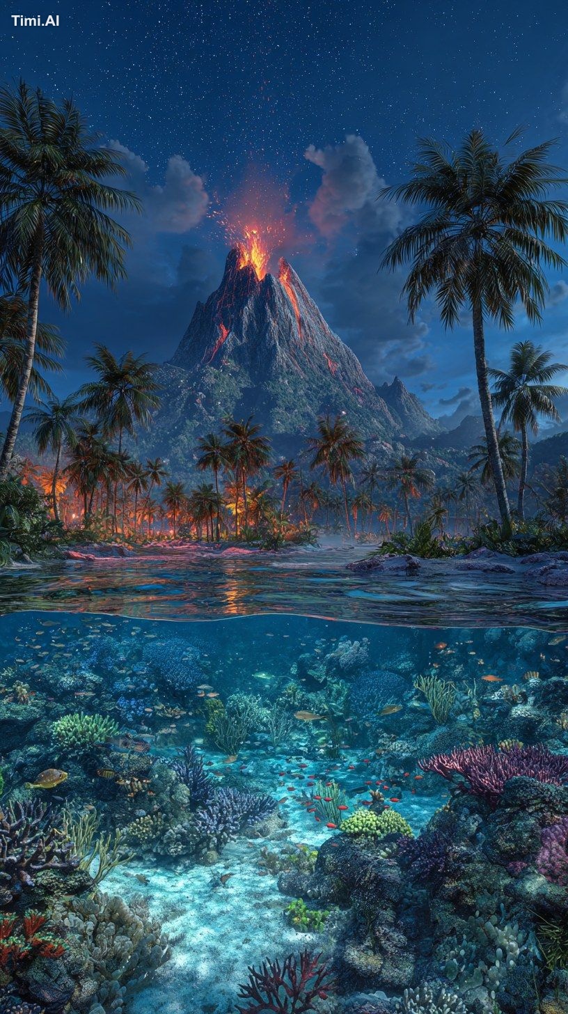 At night, A tropical island located in the center of the ocean, brown t…