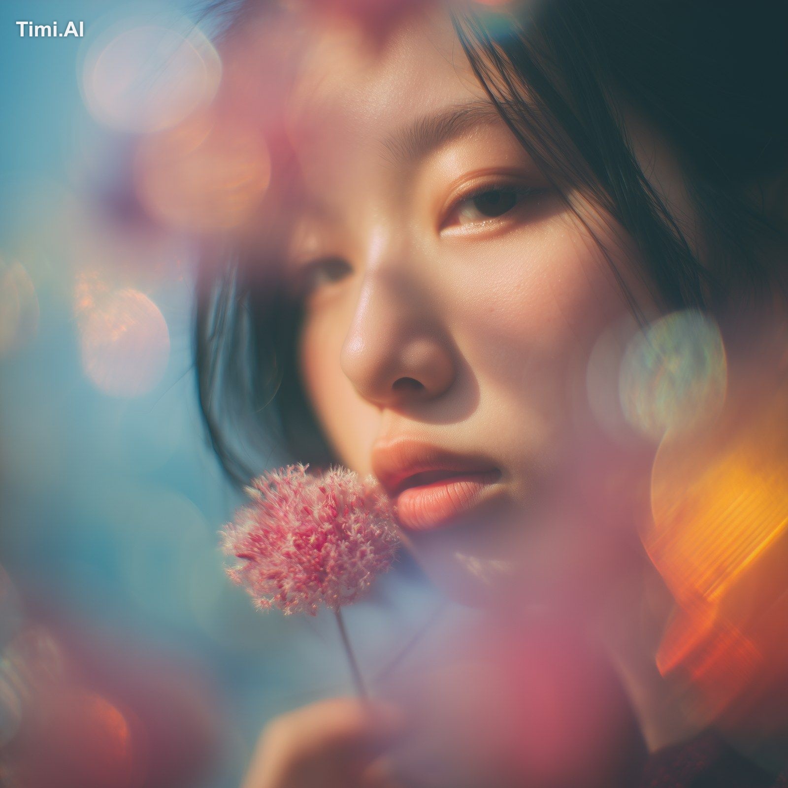 Create a close-up shot of a Chinese young woman holding a delicate flow…