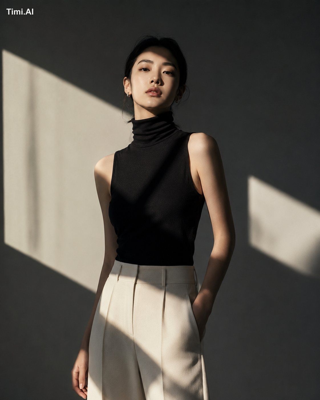 真实高级人像摄影，一位年轻女性站在浅灰色极简空间中，穿黑白极简服装，定向硬光穿过几何形遮挡，在她的脸部、肩膀和衣服上形成清晰的光影切割，背景墙…