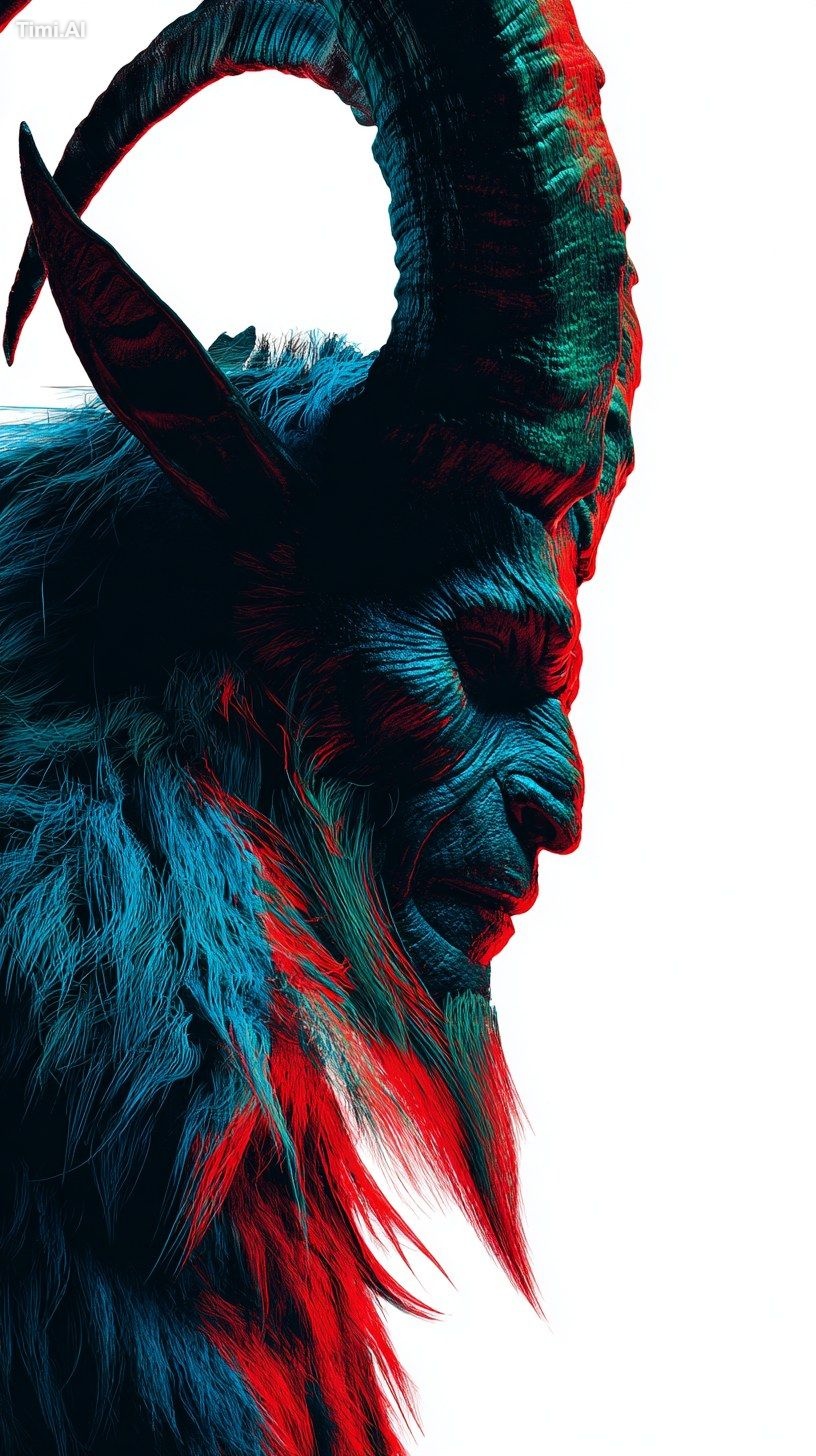 Krampus showing full horns facing right, vibrant colors, modern design,…