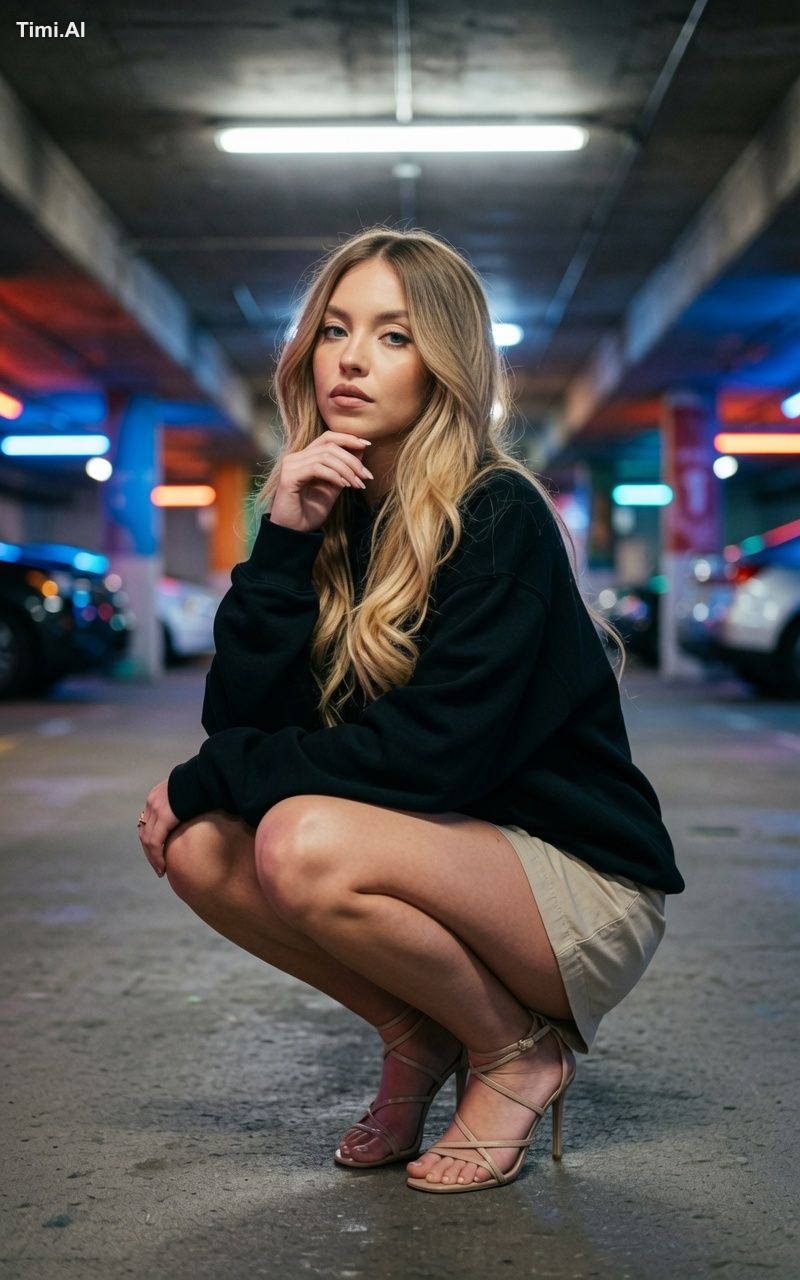 A young woman with long blonde hair squats in a parking garage. Subject…