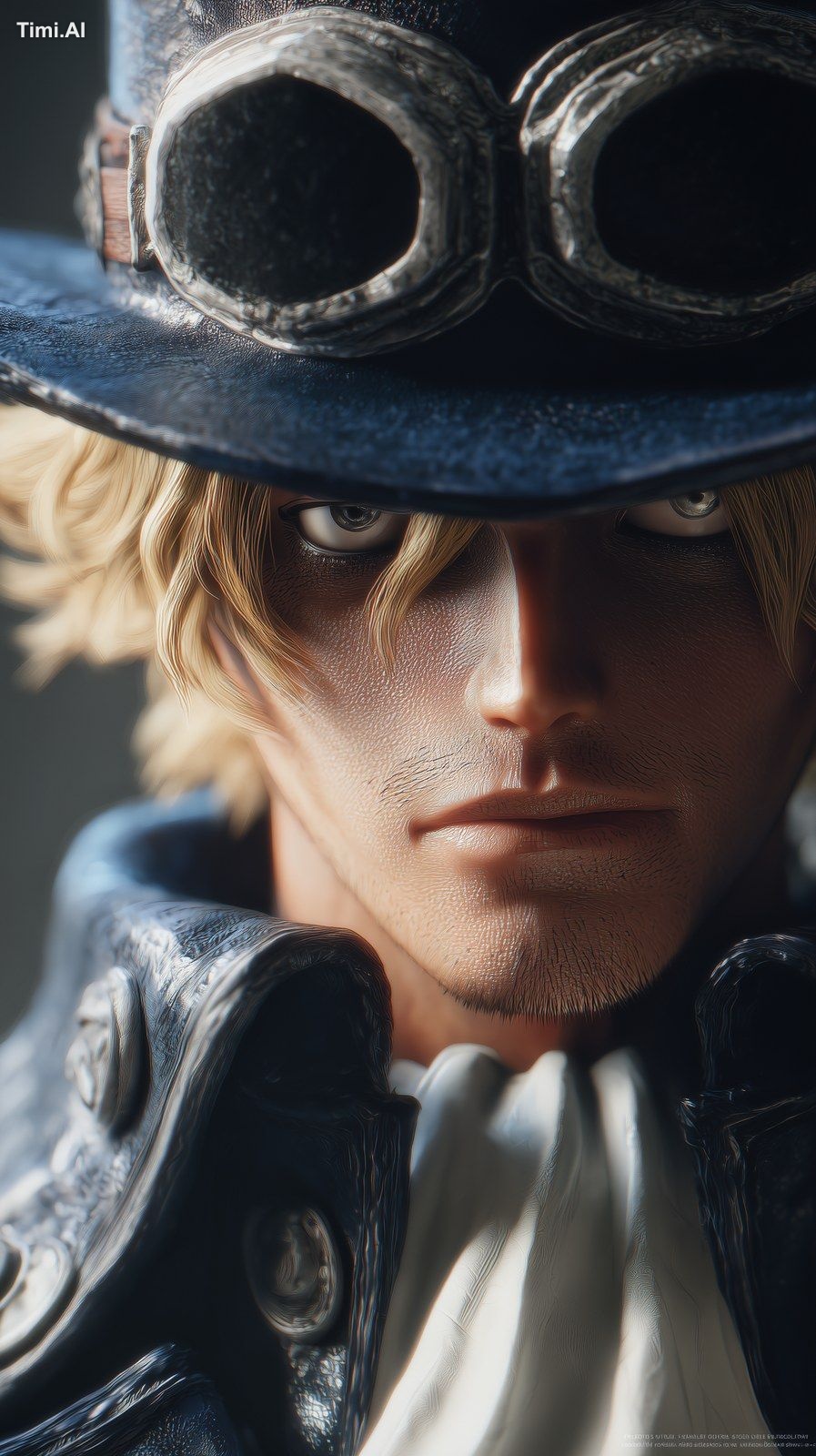 Sabo from One Piece, ultra-realistic, sharp and determined eyes with a …