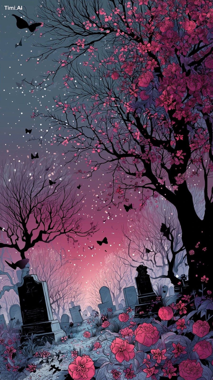 Red, a cemetery with tombstones full of frost covered delicate flowers …