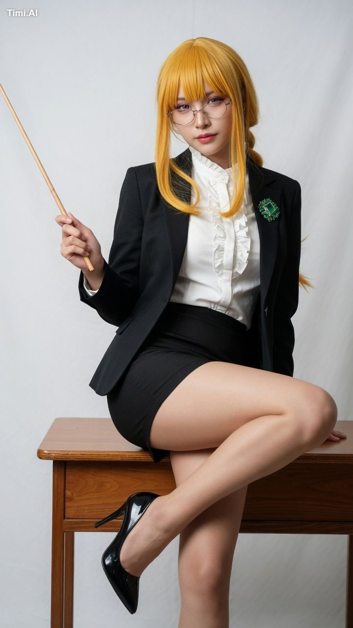 Photorealistic cosplay of Makima from Chainsaw Man as a teacher. A beau…
