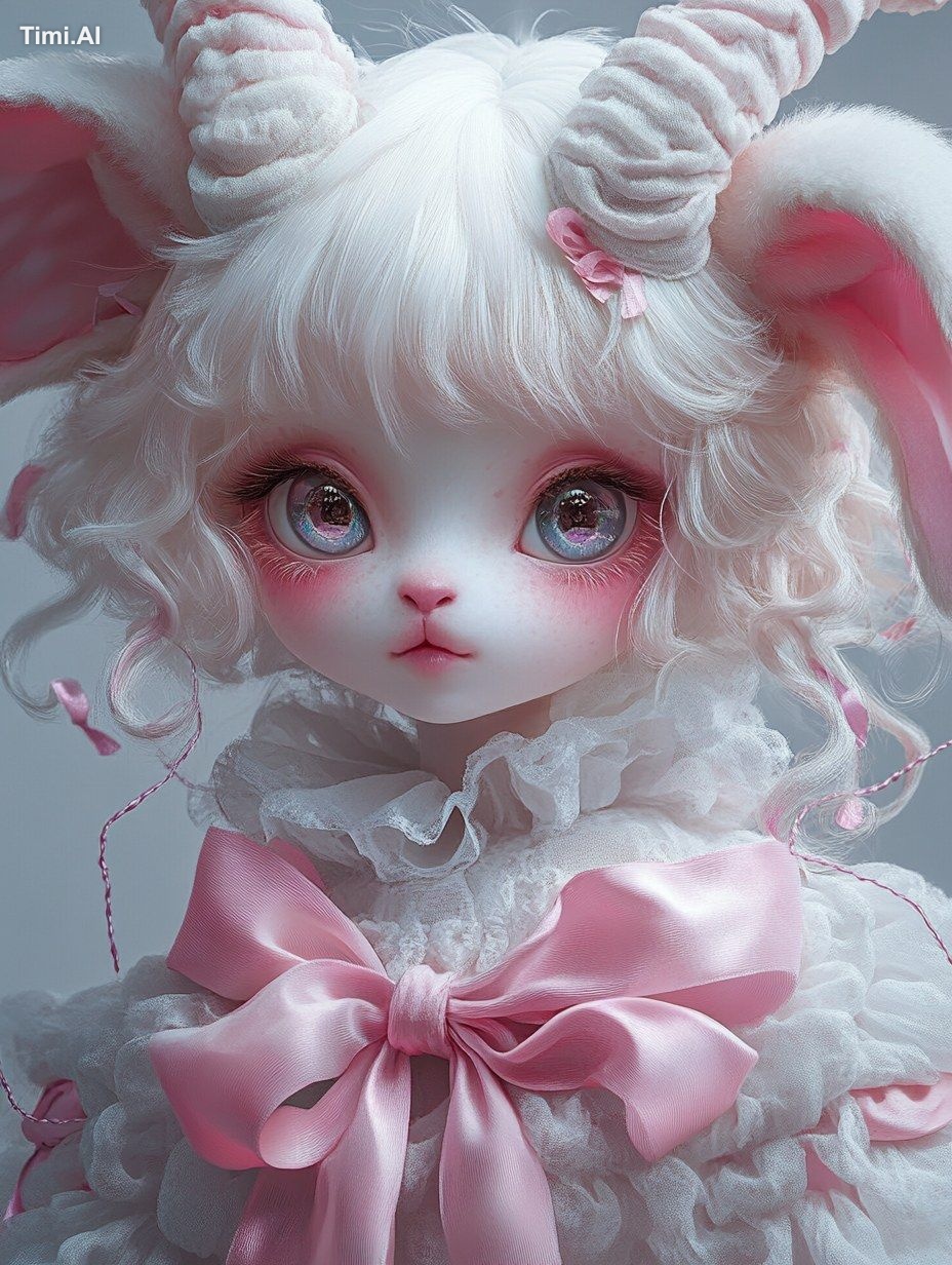 A cute white lamb-like monster wearing an anime-style dress with pink r…